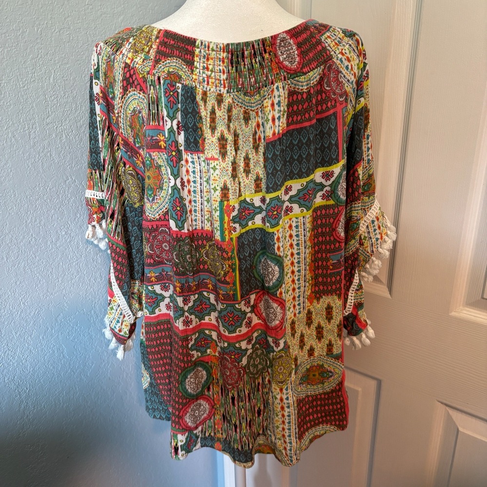 Ali Miles Patchwork Paisley Pom Pom Trim Flutter Sleeve Multicolor Print Top XL - Picture 4 of 16